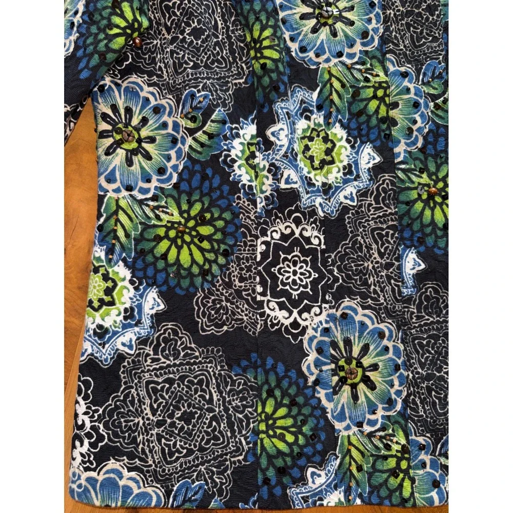 Chico's Jacket Womens 3 XL Blue Green Excellent Beaded‎ Quilted Floral Mandala
